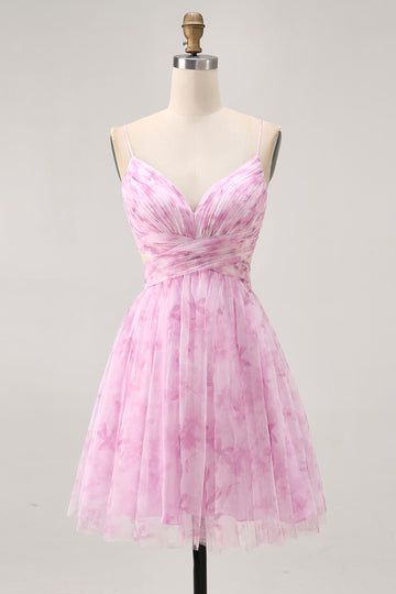 Printed A-Line Pink Flower Homecoming Dress with Lace-up Back